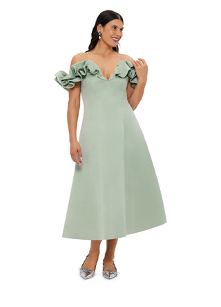 Annie Off Shoulder Frill Midi Dress - Sage