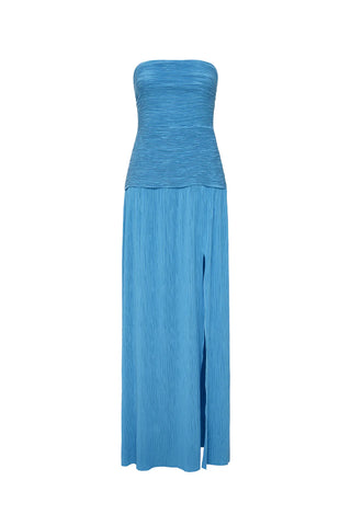 Double Time Pleat Strapless Dress -  Cerulean blue