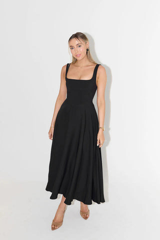 The Ultimate Muse High Waist Square Neck Midi Dress - Black