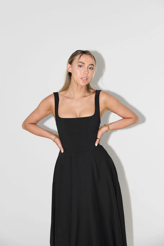 The Ultimate Muse High Waist Square Neck Midi Dress - Black